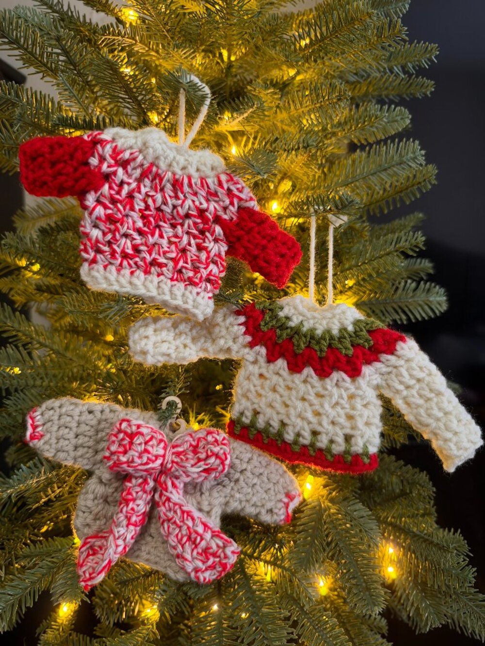 Handmade Crochet Ugly Christmas Sweaters Hanging Beige Red Ornaments Set of 3